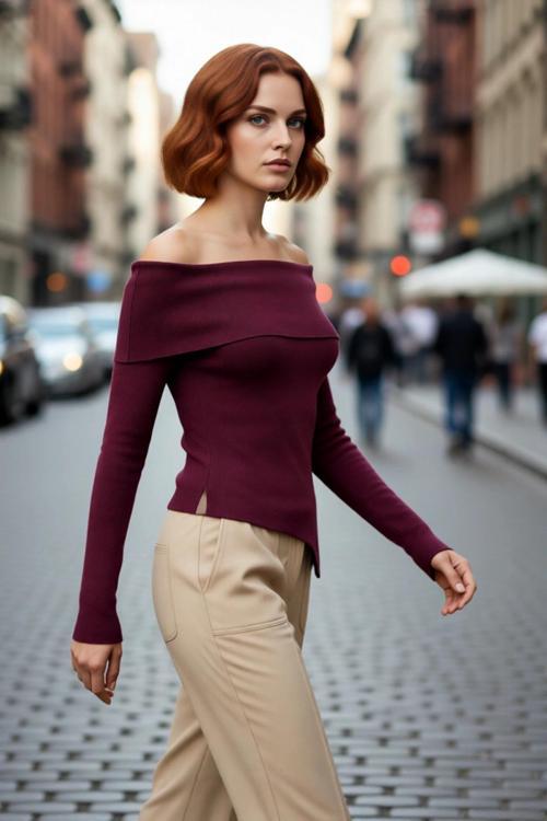 Kadın Fitted Carmen Yaka İnce Triko Kazak Uzun Standart Kol Düz Premium İplik Sonbahar Şıklığı