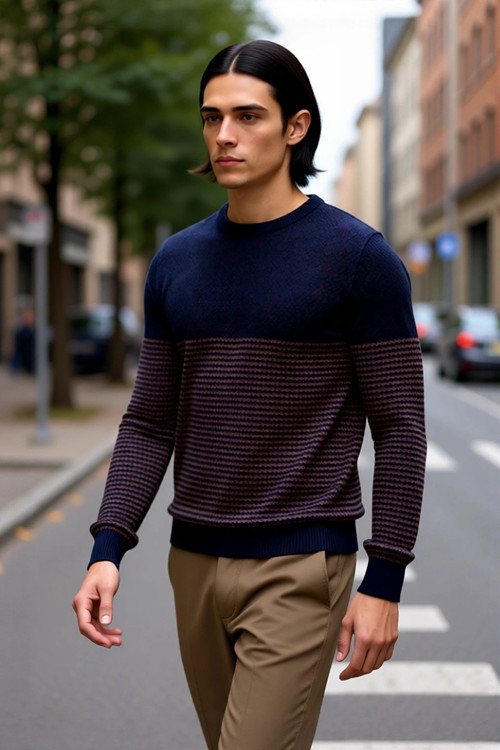 Erkek Slim Fit Bisiklet Yaka Çizgili Triko Kazak Kış Günleri İçin Modern ve Rahat Bir Seçenek