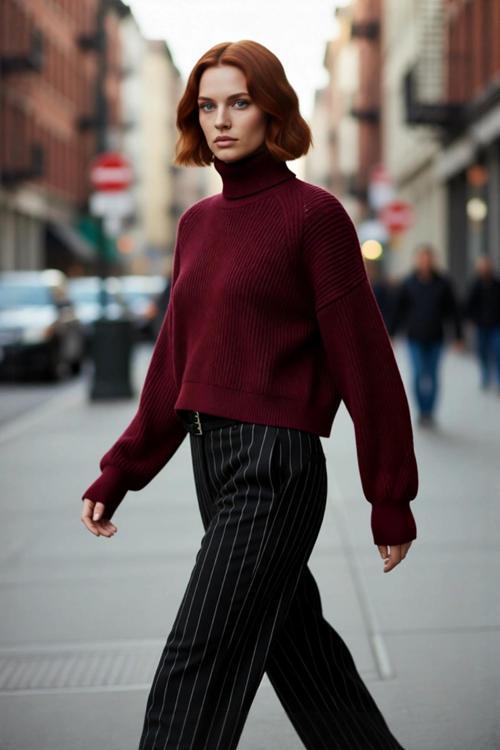 Kadın Oversize Fitilli Bordo Balıkçı Yaka Uzun Reglan Kollu Crop Akrilik Triko Kazak Kaliteli
