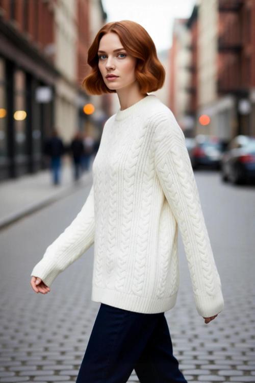 Kadın Oversize Kalın Saç Örgü Desenli Bisiklet Yaka Düşük Kol Uzun Boy Triko Kazak Kışlık Kaliteli