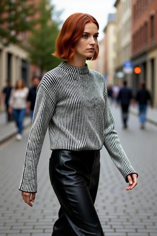 Kadın Dik Yaka Çizgili Crop Regular Kalıp Triko Kazak Soğuk Havalar İçin Şık Günlük Kombinler