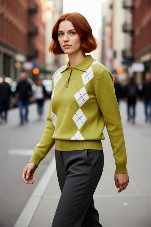 Kadın Baklava Desenli Polo Yaka Regular Kalıp Triko Kazak Kışlık Şıklığın Rahat ve Modern Seçimi