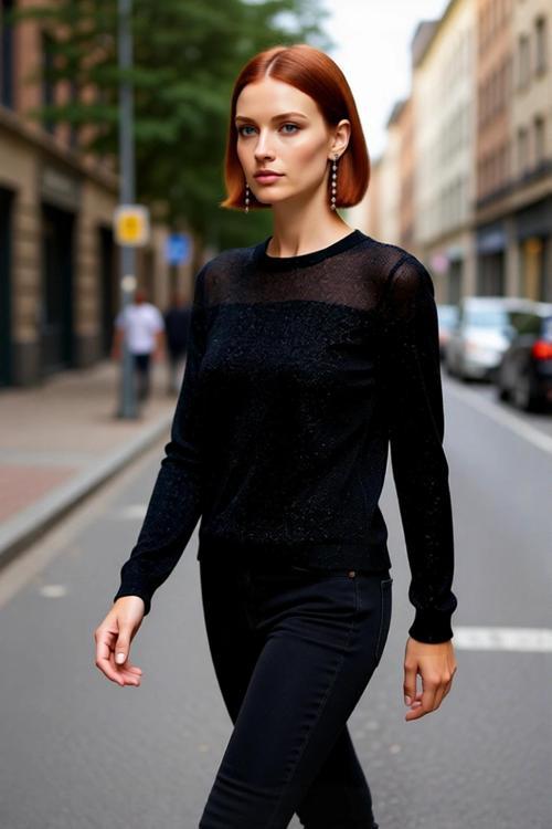 Kadın Simli Transparan Detaylı Bisiklet Yaka İnce Triko Kazak İlkbahar Sonbahar Günlük Şıklık