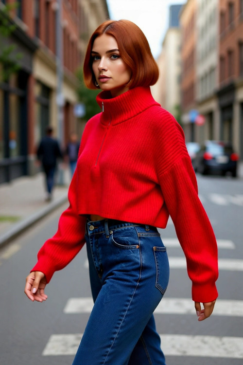 Kadın Oversize Crop Fermuarlı Dik Yaka Selanik Dokuma Akrilik Triko Kazak Kış Günlük Kombinler İçin
