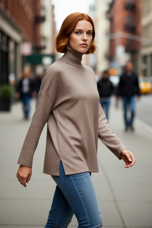 Kadın Oversize Balıkçı Yaka Düşük Kol Akrilik Triko Kazak Kış Sezonu İçin Uzun Basic Model