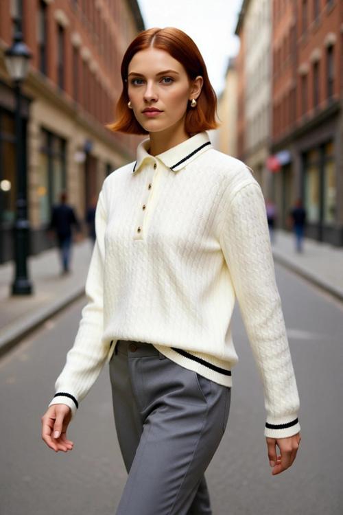 Kadın Ekru Regular Kalıp Polo Yaka Düşük Kol Renk Bloklu Orta Kalınlık Triko Kazak Günlük Şıklık