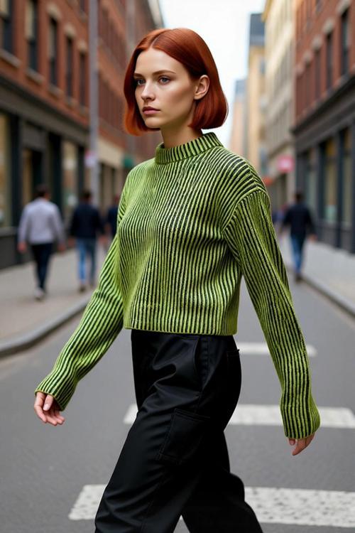 Kadın Dik Yaka Çizgili Crop Regular Kalıp Triko Kazak Soğuk Havalar İçin Şık Günlük Kombinler