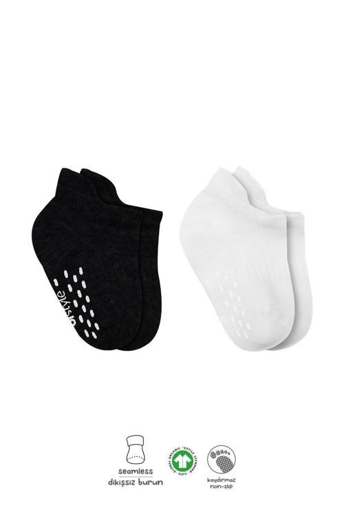 Bistyle 2'Li Sneakers Kaymaz Basic Penye Çorap BS20103 Siyah Ekru