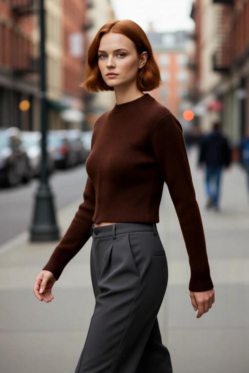 Kadın Kahverengi Regular Kalıp Crop Düşük Kol Triko Bisiklet Yaka Fermuar Detaylı Kalın Kazak