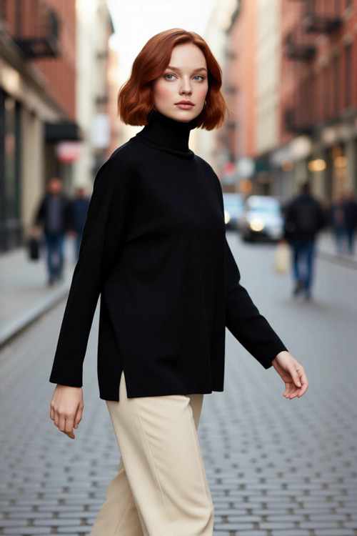 Kadın Oversize Balıkçı Yaka Düşük Kol Akrilik Triko Kazak Kış Sezonu İçin Uzun Basic Model