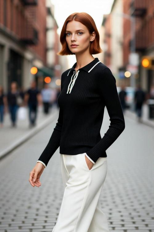 Kadın Polo Yaka Renk Bloklu Fitted Triko Kazak Şıklığı ve Konforu Birleştiren Standart Kol