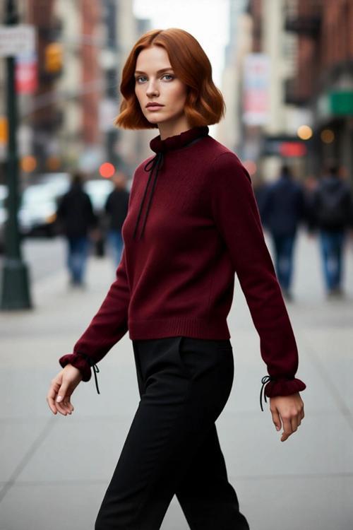 Kadın Regular Kalıp Dik Yaka Ajurlu Bağcıklı Detaylı Triko Kazak Kışlık Günlük Şık Kombinler İçin