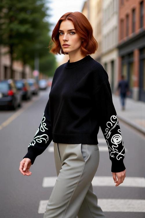 Kadın Oversize Bisiklet Yaka Kol İşlemeli Akrilik Triko Kazak Kışlık Günlük Şıklık Basic Rahat