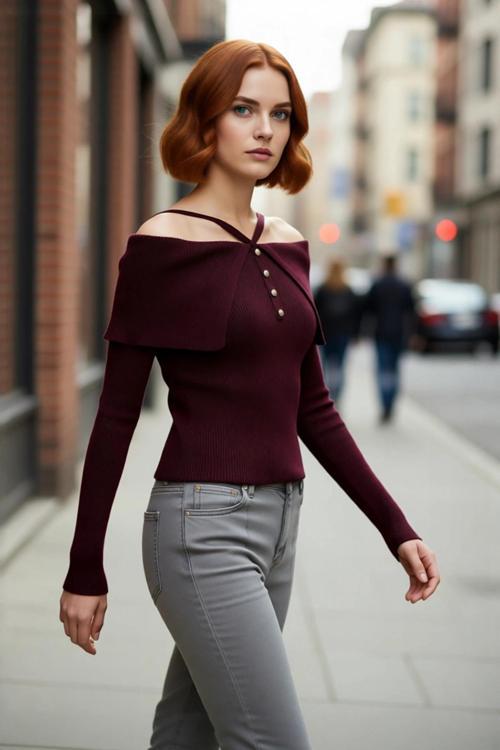 Kadın Carmen Yaka Fitilli Fitted Triko Kazak Modern Şıklık Sunan Uzun Kollu Gündüz Gece Giyimi