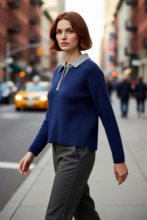 Kadın Oversize Polo Yaka Triko Kazak Renk Bloklu Yumuşak Dokulu Rahat Kışlık Giyim Şıklığı