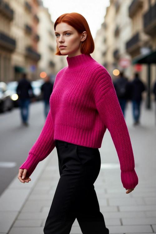 Kadın Oversize Crop Dik Yaka Uzun Düşük Kol Kalın Selanik Örgü Triko Kışlık Kazak Kaliteli