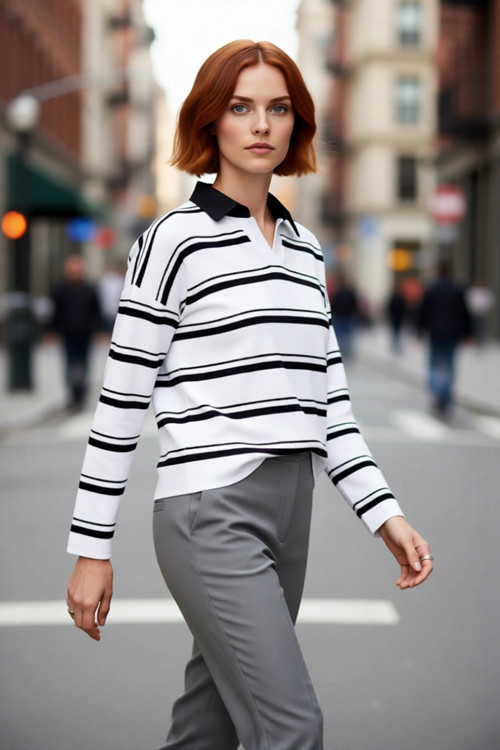 Kadın Oversize Polo Yaka Çizgili Triko Kazak Düşük Kol Rahat Kesim Günlük Şıklık İçin İdeal