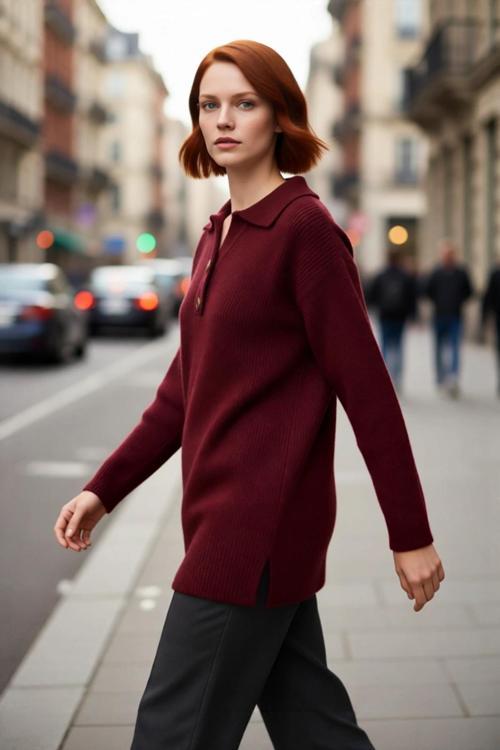 Kadın Polo Yaka Selanik Triko Kazak Kışlık Rahat Düşük Kollu Regular Kalıp Günlük Şıklık İçin