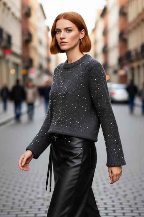 Kadın Regular Kalıp Crop Pul Payetli Bisiklet Yaka Uzun Standart Kol Orta Kalın Triko Kazak