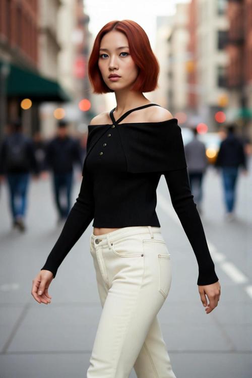 Kadın Carmen Yaka Fitilli Fitted Triko Kazak Modern Şıklık Sunan Uzun Kollu Gündüz Gece Giyimi