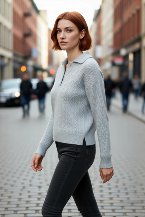 Kadın Oversize Saç Örgü Polo Yaka Triko Kazak Düşük Uzun Kollu Kışlık Rahat Basic Şıklık Kaliteli