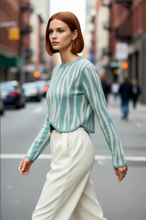 Kadın Basic Akrilik Regular Kalıp Crop Uzun Kollu Bisiklet Yaka Zebra Desenli Triko Kazak Kaliteli