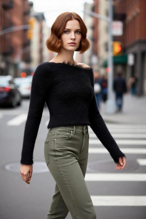 Kadınlara Özel Crop Tasarım Kayık Yaka Tüylü Triko Kazak Kış Günleri İçin İdeal Uzun Kollu Rahat