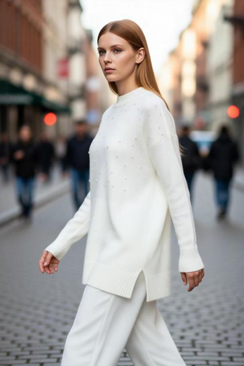 Kadın Relaxed Kalıp Bisiklet Yaka İnci Detaylı Uzun Balon Kol Triko Kazak Günlük Şıklık Kaliteli