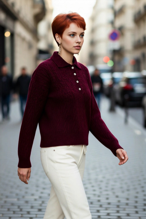 Kadın Oversize Saç Örgü Polo Yaka Triko Kazak Düşük Uzun Kollu Kışlık Rahat Basic Şıklık Kaliteli