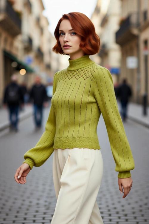 Kadın Fitted Dik Yaka Ajurlu Balon Kol Crop Triko Kazak Şık Günlük Kombinleriniz İçin İdeal Bir