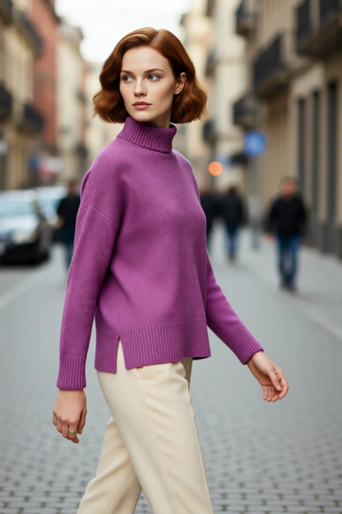 Kadın Oversize Düşük Kol Dik Yaka Uzun Triko Kazak Basic Modern Rahat Kış Günlük Şıklığı Sunar