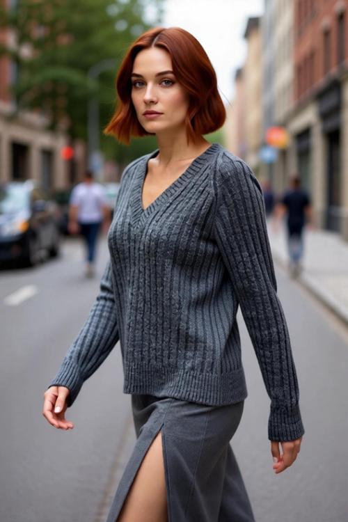 Kadın Regular Kalıp V Yaka Fitilli Reglan Kol Triko Kazak Kış Aylarında Modern ve Rahat Giyim