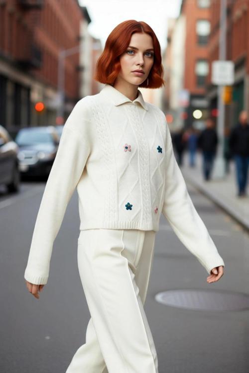 Kadın Regular Kalıp Polo Yaka Saç Örgü Desenli Crop Akrilik Triko Nakışlı Çiçek Detaylı Kışlık Kazak