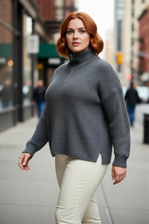 Kadın Regular Kalıp Uzun Düşük Kollu Fermuarlı Dik Yaka Selanik Dokuma Basic Triko Kazak Kaliteli