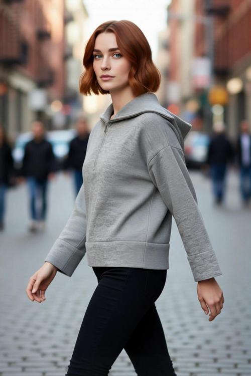 Kadın Oversize Fermuarlı Dik Yaka Triko Kazak Düşük Kol Uzun Kış Günleri İçin İdeal Model