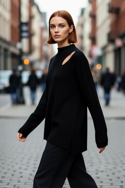 Kadın Oversize Cut Out Detaylı Siyah Triko Kazak Akrilik Fitilli Uzun Kollu Kışlık Kombinlerinize