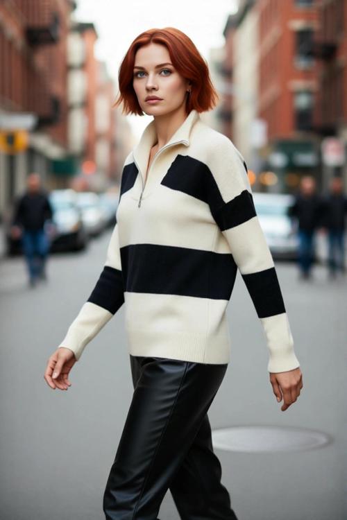 Kadın Oversize Fermuarlı Çizgili Dik Yaka Düşük Kollu Triko Kazak Kış Günleri İçin Şık Seçim