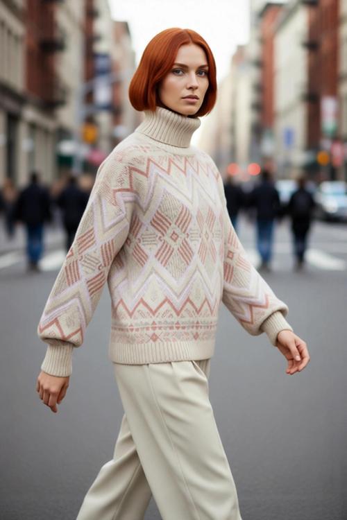 Kadın Oversize Etnik Desenli Balıkçı Yaka Uzun Kollu Akrilik Triko Kazak Kış Günleri Seçimi