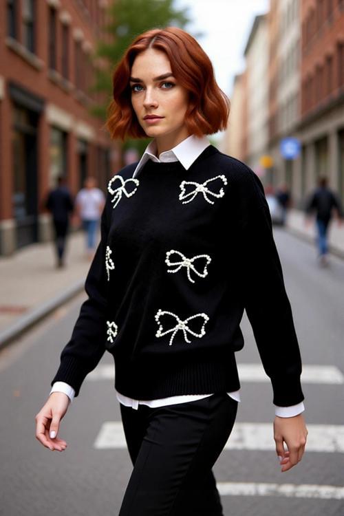 Kadın İncili Fiyonk Desenli Triko Kazak Regular Kalıp Bisiklet Yaka Orta Kalınlık İlkbahar Sonbahar