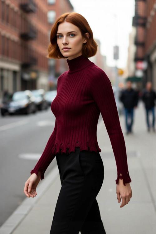 Kadın Fitted Kesim Crop Dik Yaka Uzun Reglan Kollu Fitilli Triko Kazak Soğuk Havalar İçin Şık Ve