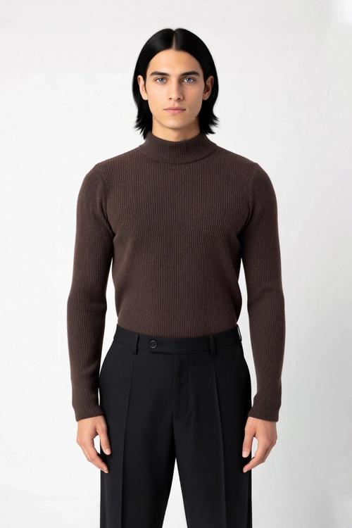 Erkek Dik Yaka Uzun Kol Fitilli Dar Kalıp Triko Kazak Kış Sezonu İçin Modern ve Konforlu Stil