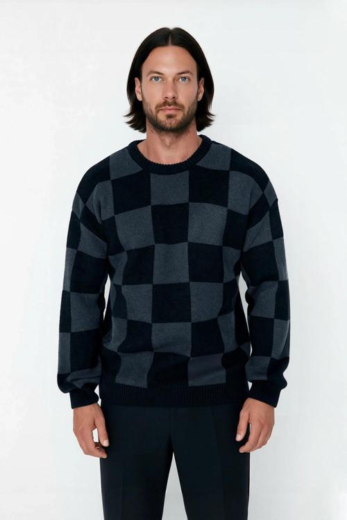 Erkek Oversize Bisiklet Yaka Ekose Desenli Kalın Triko Kazak Soğuk Havalarda Konforlu ve Şık