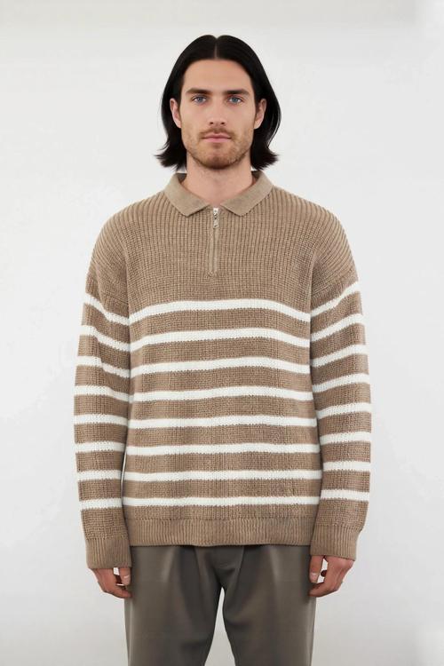 Lacivert Çizgili Erkek Oversize Polo Yaka Triko Kazak Kalın Yapılı Standart Kol Kış Şıklığı Akrilik