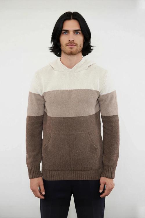 Erkek Regular Kesim Kapüşonlu Renk Bloklu Uzun Kollu Triko Kazak Soğuk Kış Günleri İçin İdeal