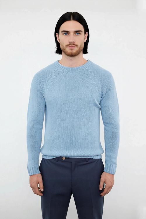 Erkek Mavi Fitted Akrilik Bisiklet Yaka Reglan Kol Basic Triko Kazak Günlük Şıklık Konforu