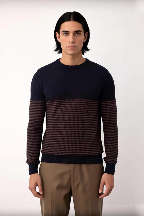 Erkek Bisiklet Yaka Çizgili Triko Kazak Slim Fit Kesimiyle Günlük Stilinize Şıklık Katıyor