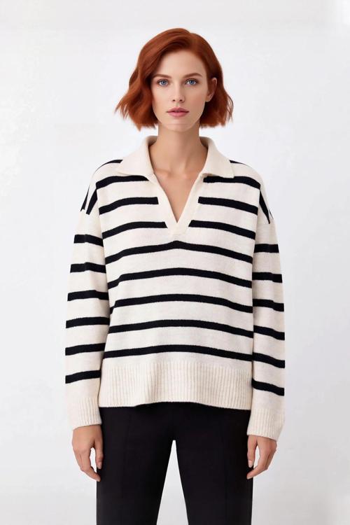 Kadın Düşük Kollu Oversize Triko Kazak Çizgili Deseniyle Gündelik Şıklığı Yakalayın Polo Yaka
