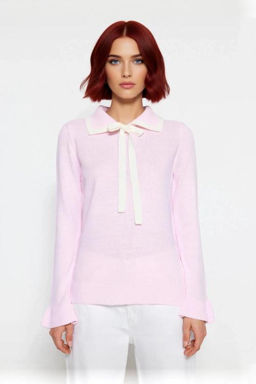 Kadın Polo Yaka Bağcıklı Triko Kazak Renk Bloklu Uzun Kollu Kışlık Ofis Şıklığı İçin Rahat Seçim