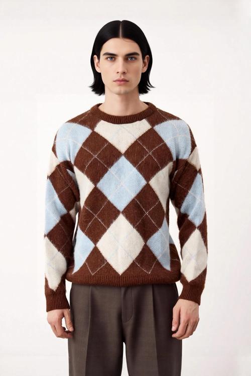 Erkek Soğuk Havalar İçin Regular Kalıp Bisiklet Yaka Ekose Deseniyle Konforlu Triko Kazak Günlük