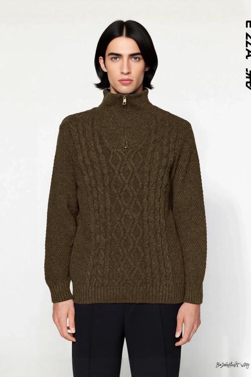 Erkek Regular Kesim Kışlık Triko Kazak Fermuarlı Dik Yaka Saç Örgü Uzun Kollu Rahat Kaliteli